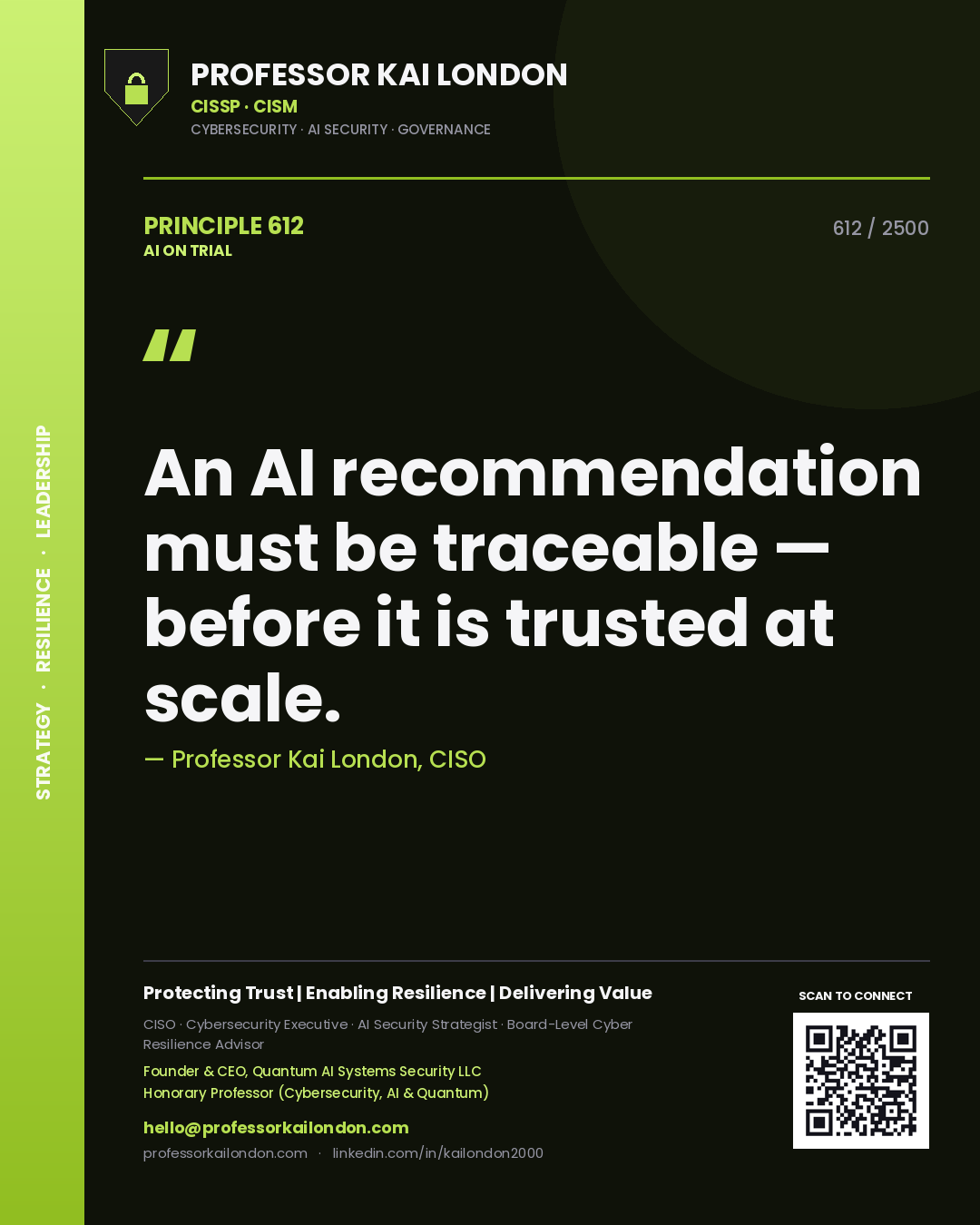 Professor Kai London principle 612: An AI recommendation must be traceable — before it is trusted at scale.