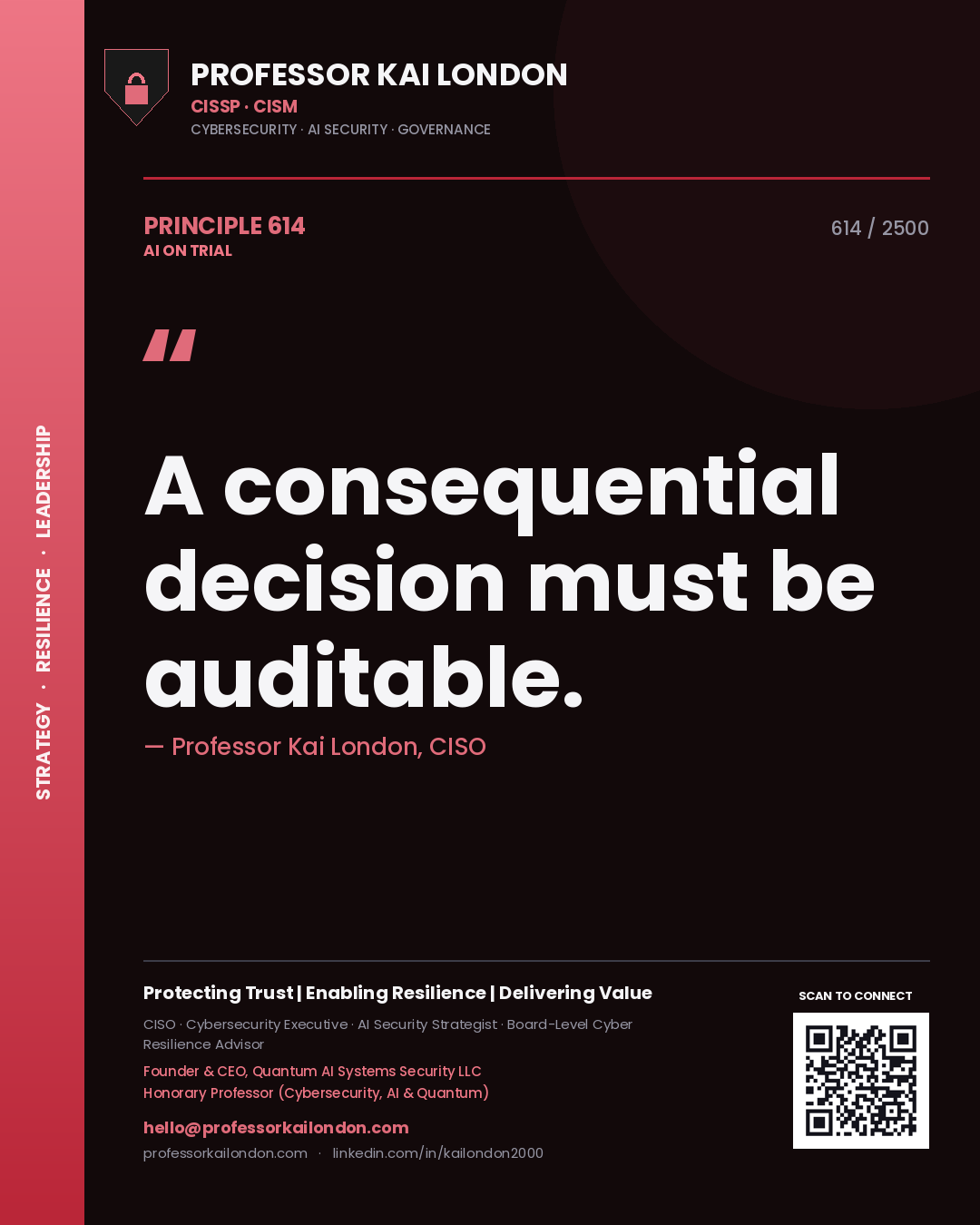 Quote card by Professor Kai London reading 'A consequential decision must be auditable.'. From the book AI on Trial.