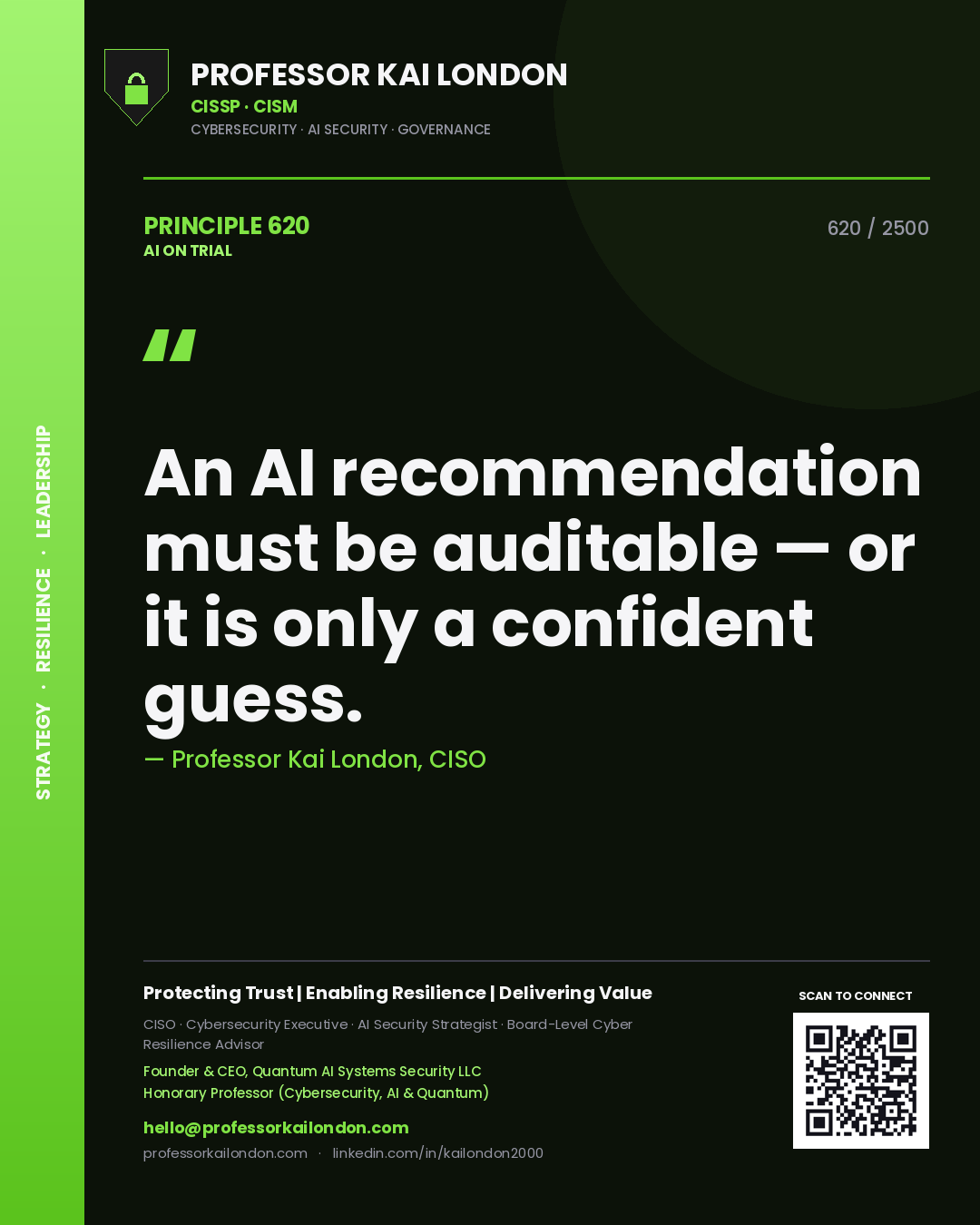 Quote card by Professor Kai London reading 'An AI recommendation must be auditable — or it is only a confident guess.'. From the book AI on Trial.