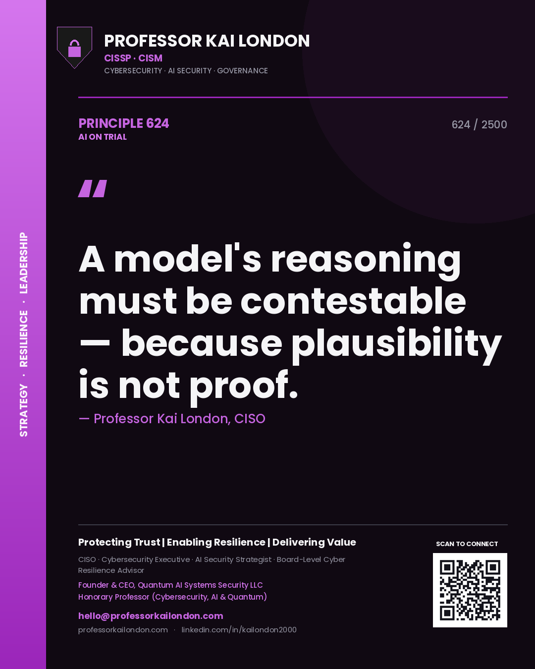Quote card by Professor Kai London reading 'A model's reasoning must be contestable — because plausibility is not proof.'. From the book AI on Trial.