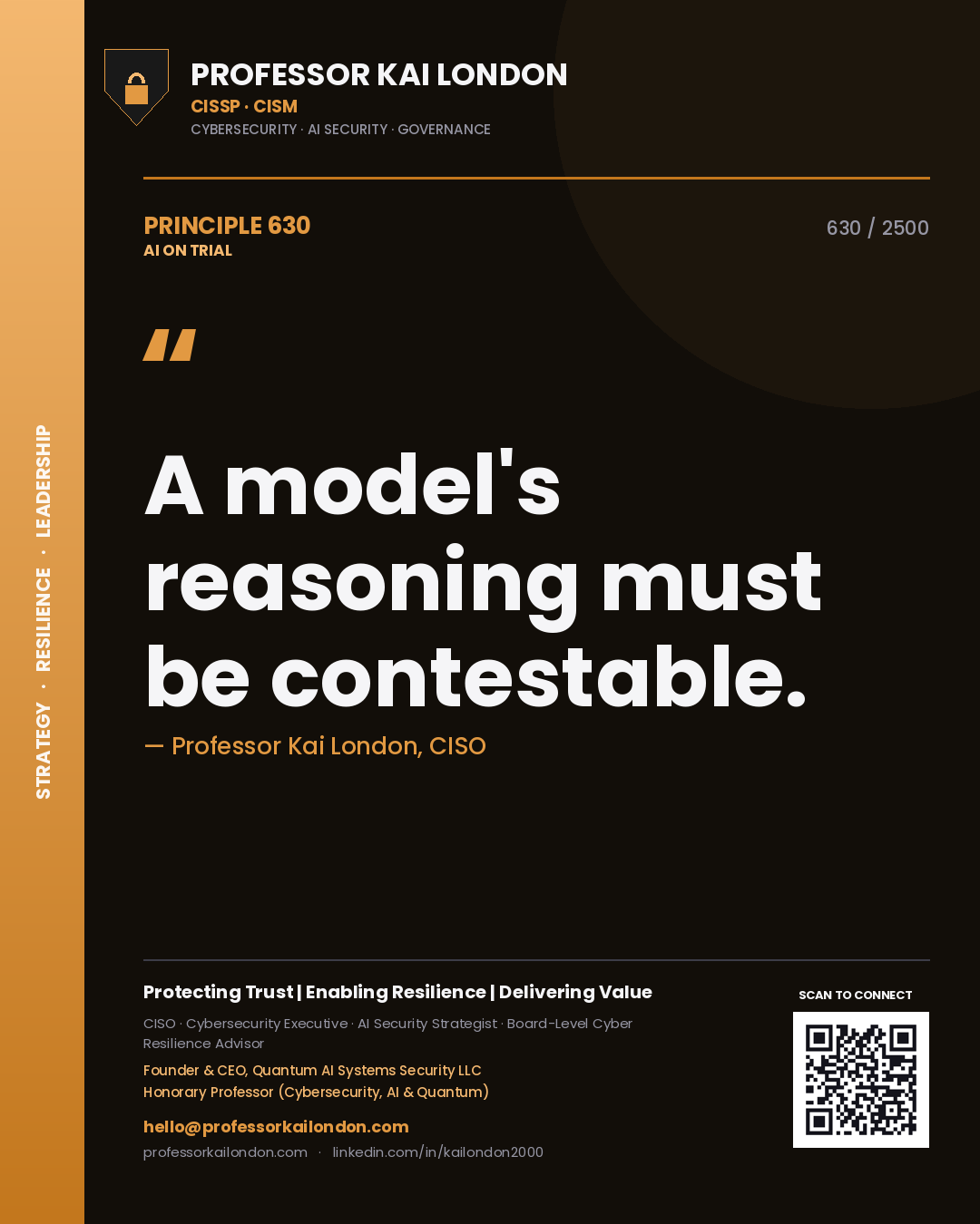 Quote card by Professor Kai London reading 'A model's reasoning must be contestable.'. From the book AI on Trial.