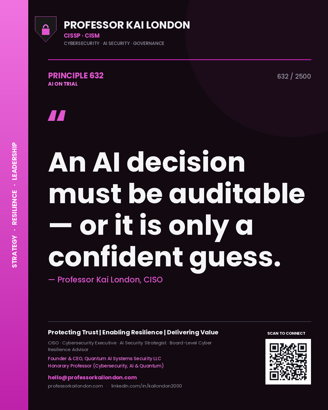 Quote card by Professor Kai London reading 'An AI decision must be auditable — or it is only a confident guess.'. From the book AI on Trial.