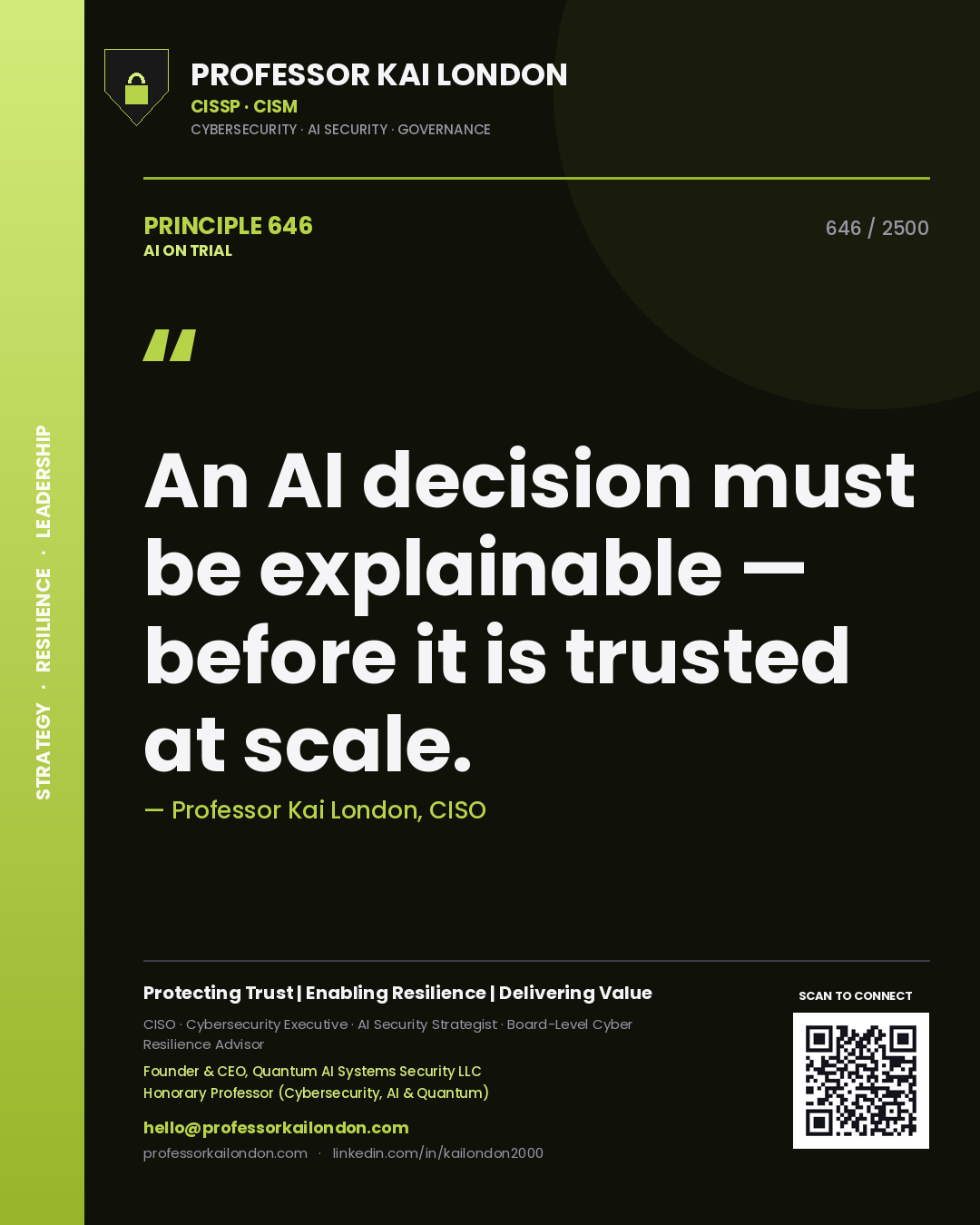 Quote card by Professor Kai London reading 'An AI decision must be explainable — before it is trusted at scale.'. From the book AI on Trial.