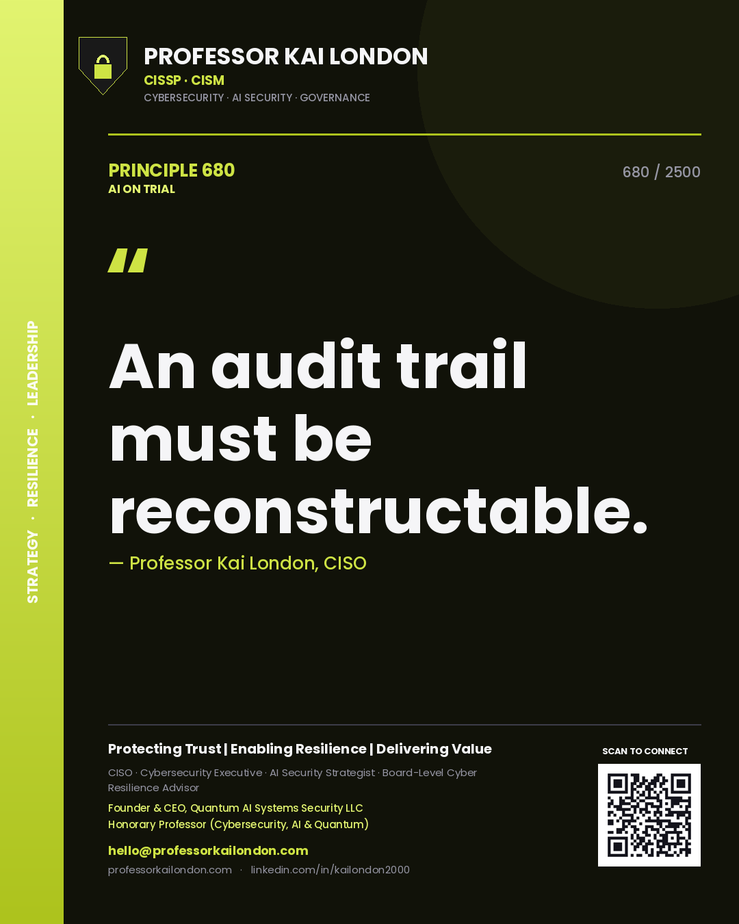Quote card by Professor Kai London reading 'An audit trail must be reconstructable.'. From the book AI on Trial.
