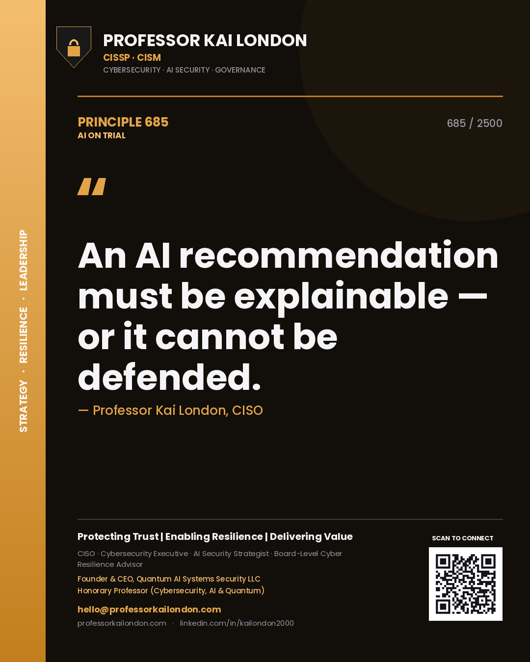 Quote card by Professor Kai London reading 'An AI recommendation must be explainable — or it cannot be defended.'. From the book AI on Trial.