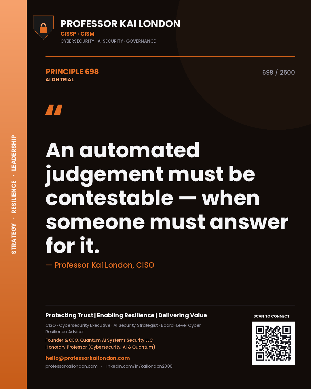 Quote card by Professor Kai London reading 'An automated judgement must be contestable — when someone must answer for it.'. From the book AI on Trial.