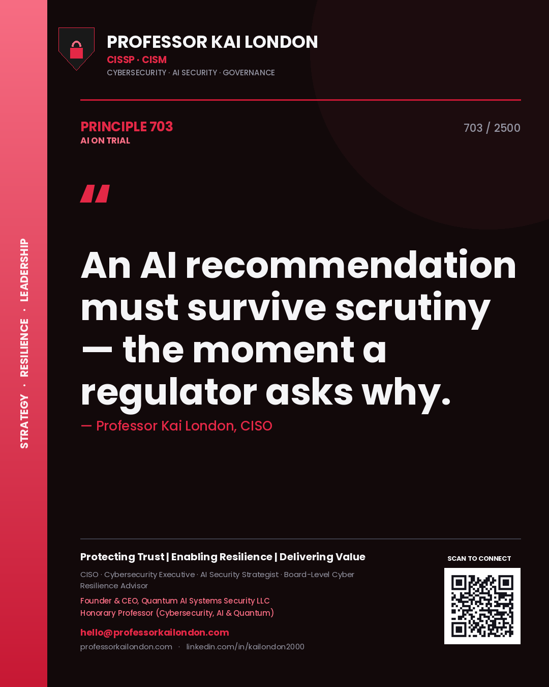 Professor Kai London principle 703: An AI recommendation must survive scrutiny — the moment a regulator asks why.