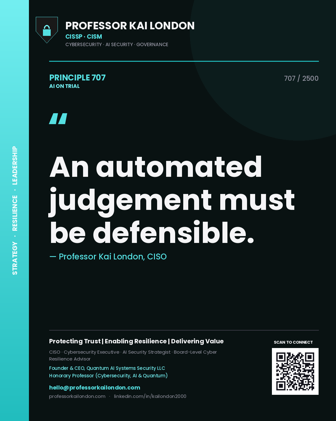 Quote card by Professor Kai London reading 'An automated judgement must be defensible.'. From the book AI on Trial.
