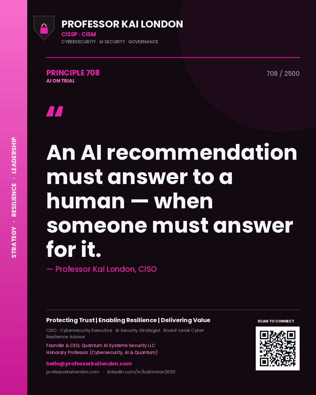 Professor Kai London principle 708: An AI recommendation must answer to a human — when someone must answer for it.
