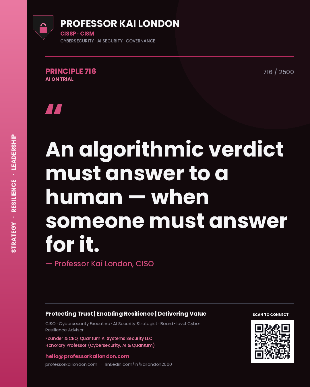 Quote card by Professor Kai London reading 'An algorithmic verdict must answer to a human — when someone must answer for it.'. From the book AI on Trial.