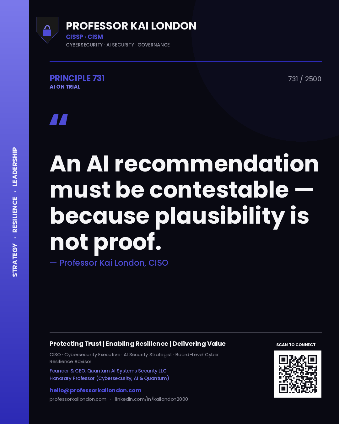 Quote card by Professor Kai London reading 'An AI recommendation must be contestable — because plausibility is not proof.'. From the book AI on Trial.