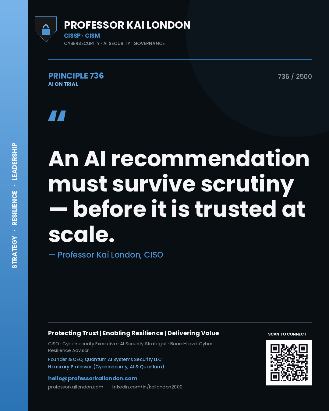 Quote card by Professor Kai London reading 'An AI recommendation must survive scrutiny — before it is trusted at scale.'. From the book AI on Trial.