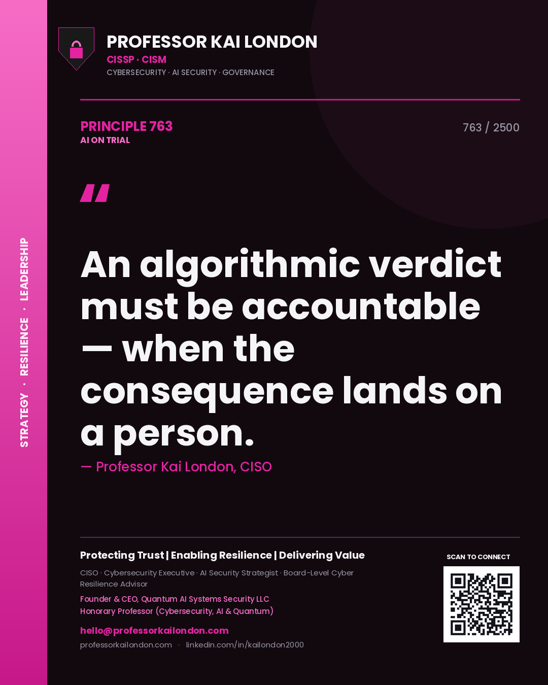 Professor Kai London principle 763: An algorithmic verdict must be accountable — when the consequence lands on a person.