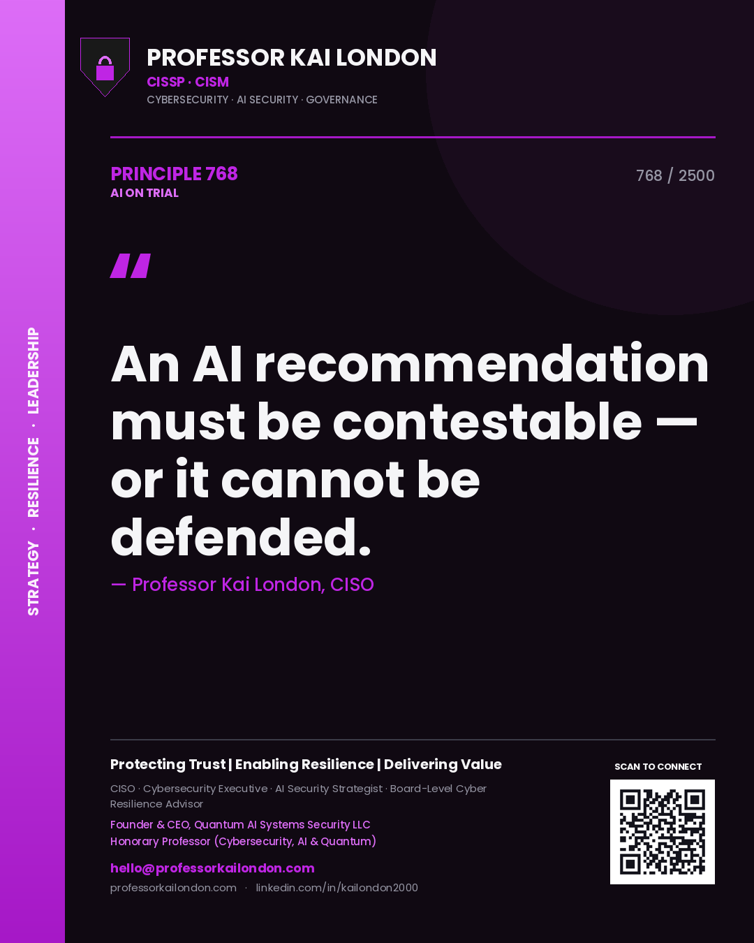 Professor Kai London principle 768: An AI recommendation must be contestable — or it cannot be defended.