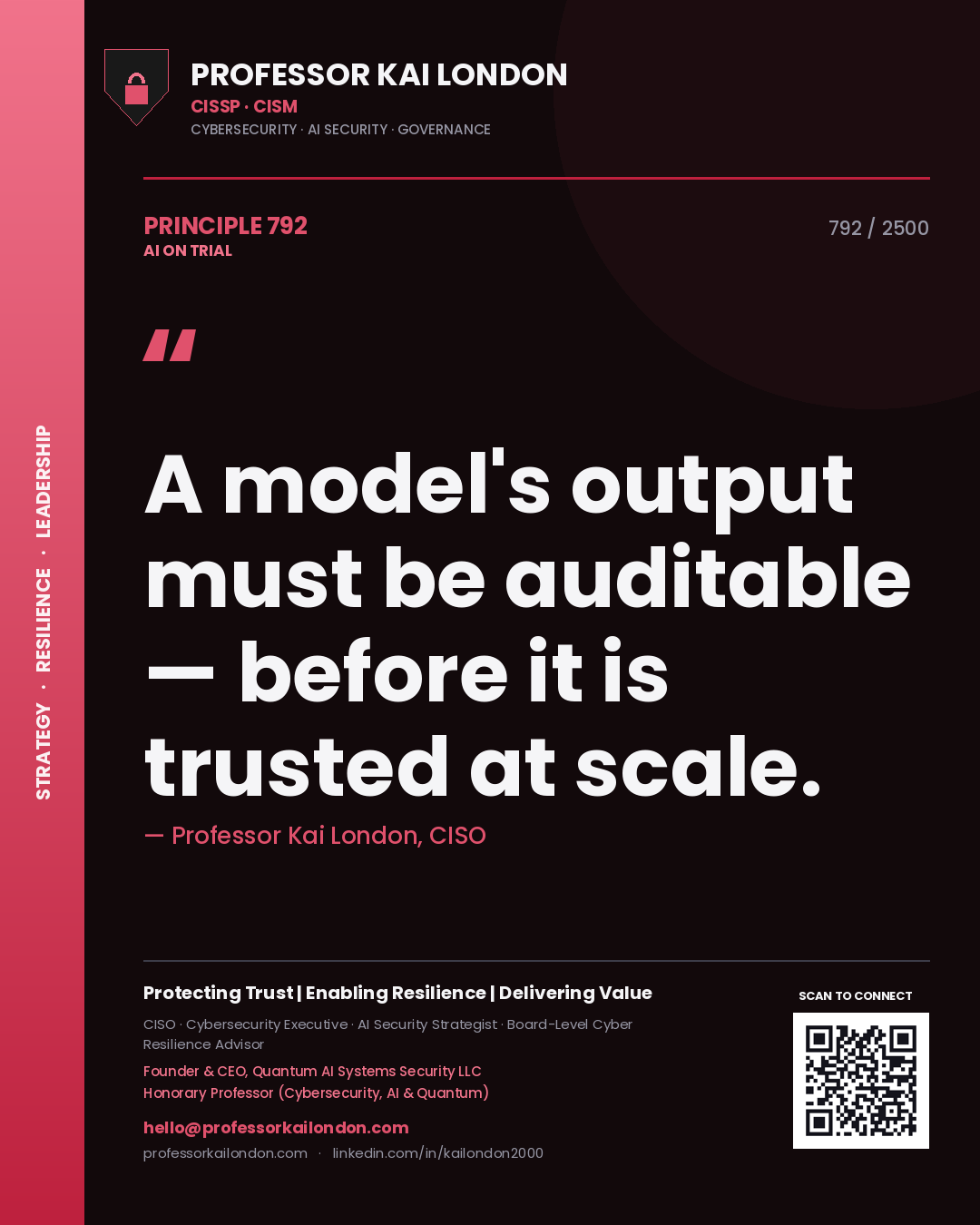 Professor Kai London principle 792: A model's output must be auditable — before it is trusted at scale.