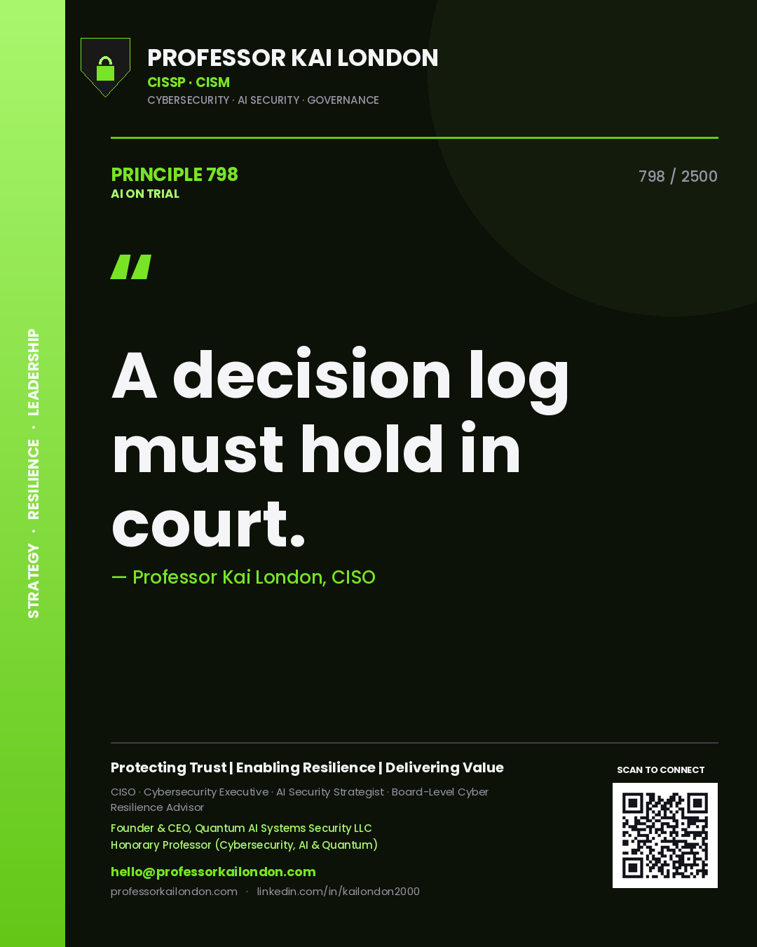 Quote card by Professor Kai London reading 'A decision log must hold in court.'. From the book AI on Trial.
