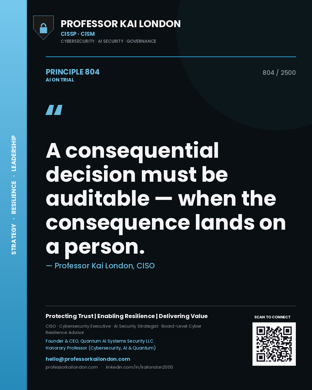 Professor Kai London principle 804: A consequential decision must be auditable — when the consequence lands on a person.