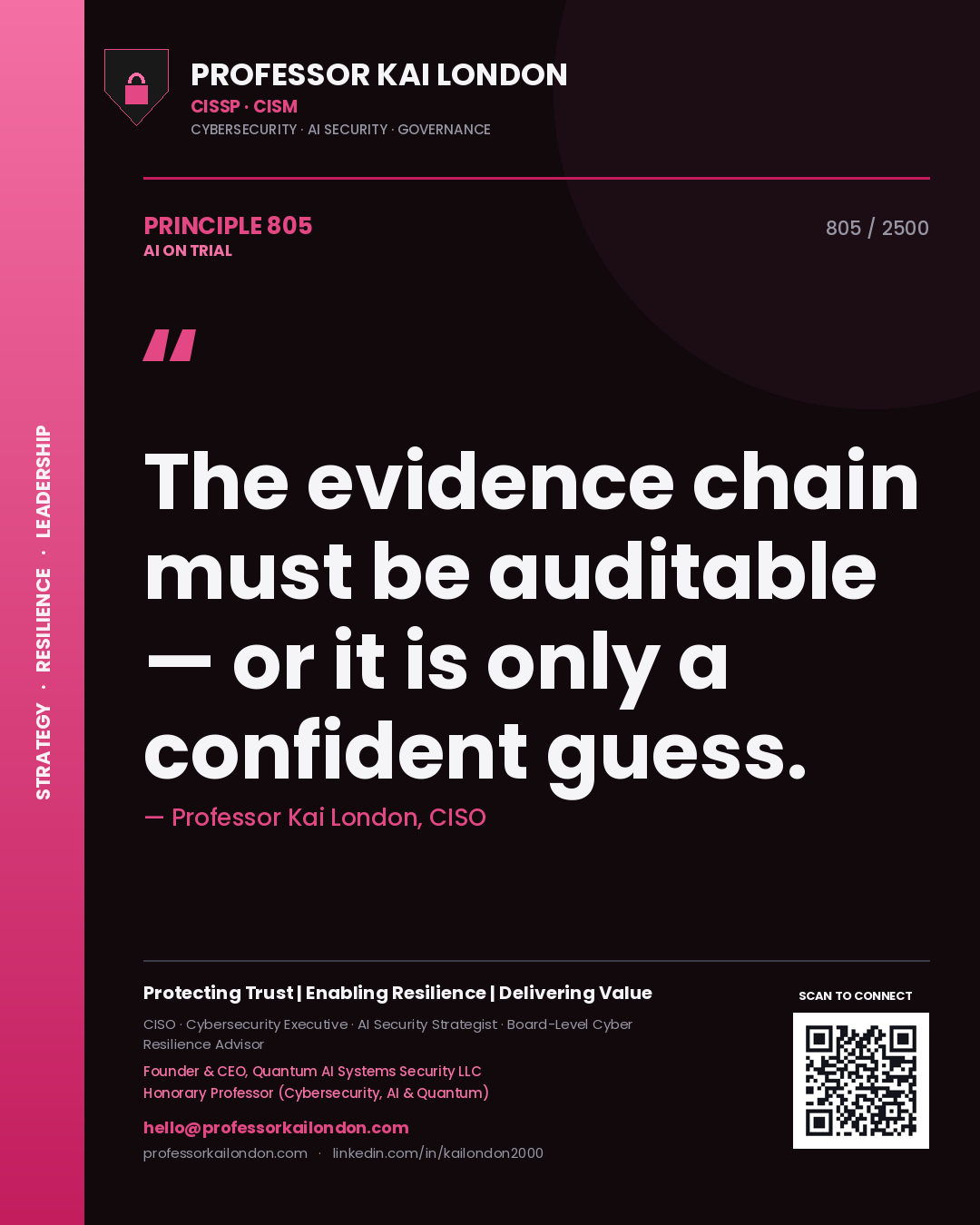Quote card by Professor Kai London reading 'The evidence chain must be auditable — or it is only a confident guess.'. From the book AI on Trial.