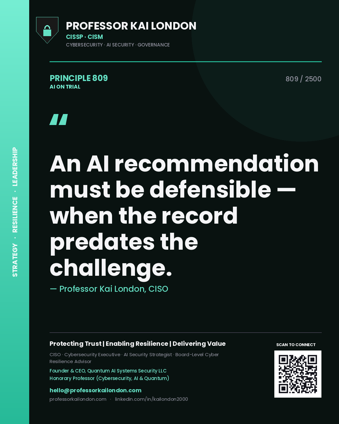 Professor Kai London principle 809: An AI recommendation must be defensible — when the record predates the challenge.