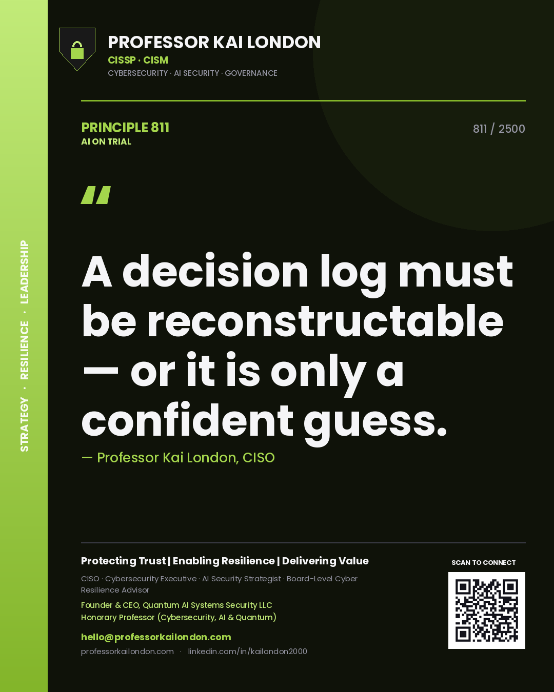 Professor Kai London principle 811: A decision log must be reconstructable — or it is only a confident guess.