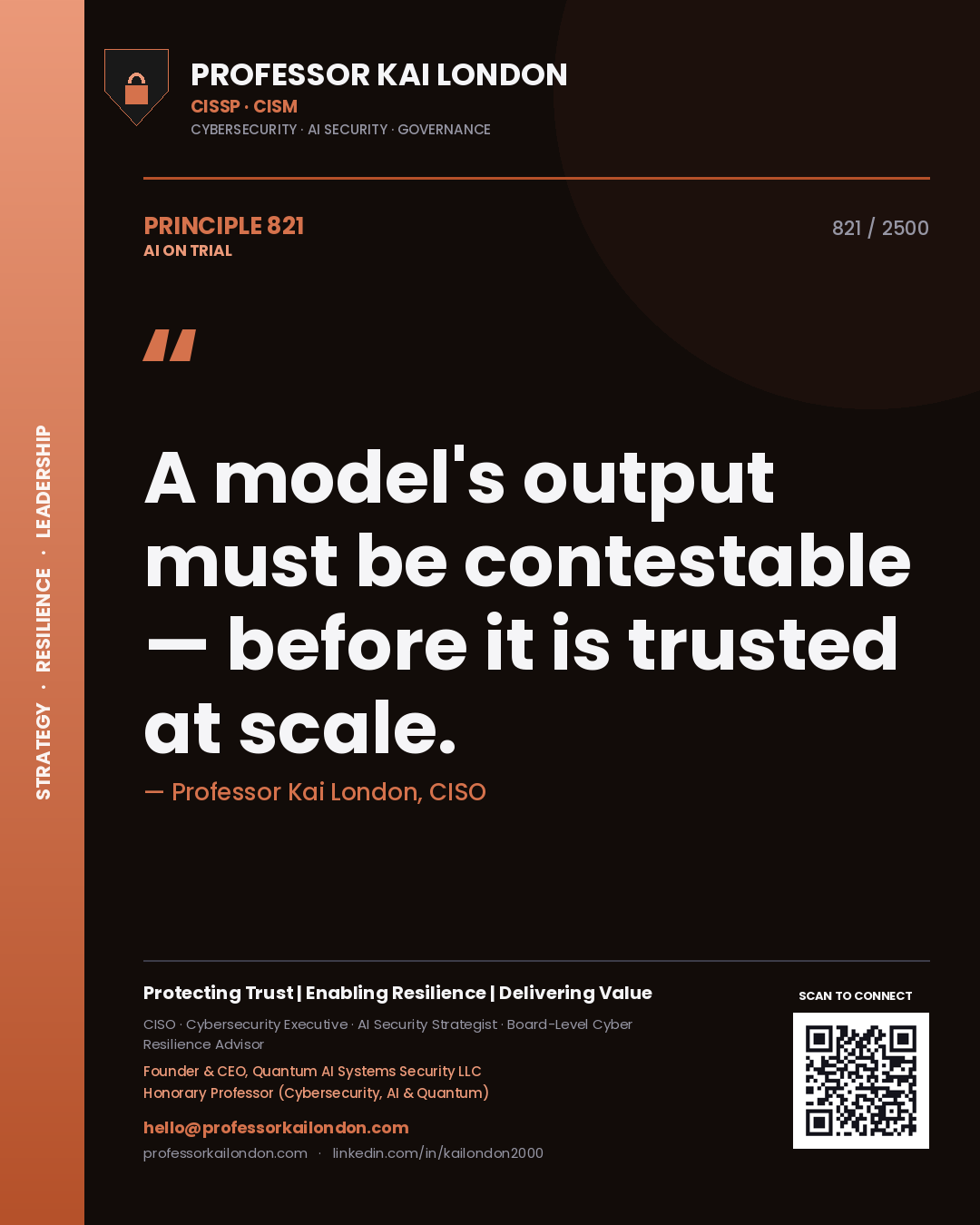 Professor Kai London principle 821: A model's output must be contestable — before it is trusted at scale.