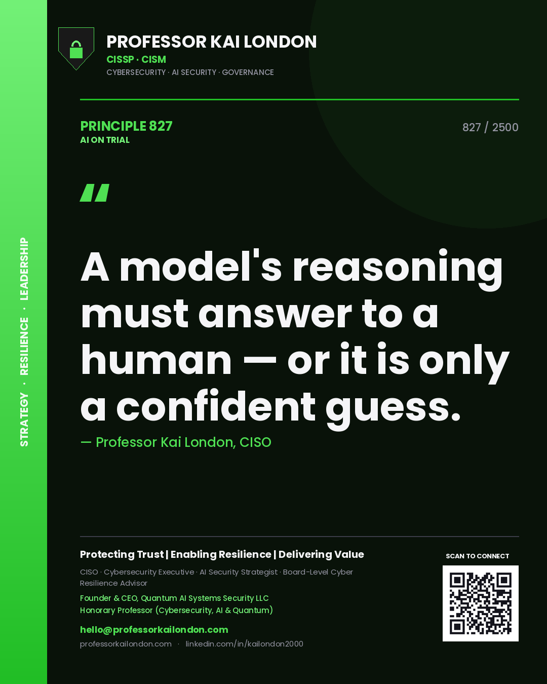 Quote card by Professor Kai London reading 'A model's reasoning must answer to a human — or it is only a confident guess.'. From the book AI on Trial.