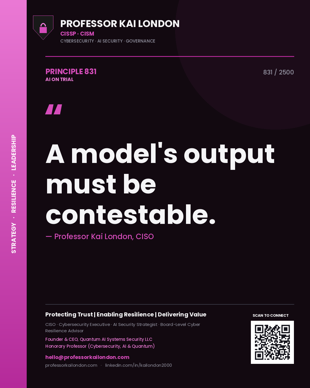 Quote card by Professor Kai London reading 'A model's output must be contestable.'. From the book AI on Trial.