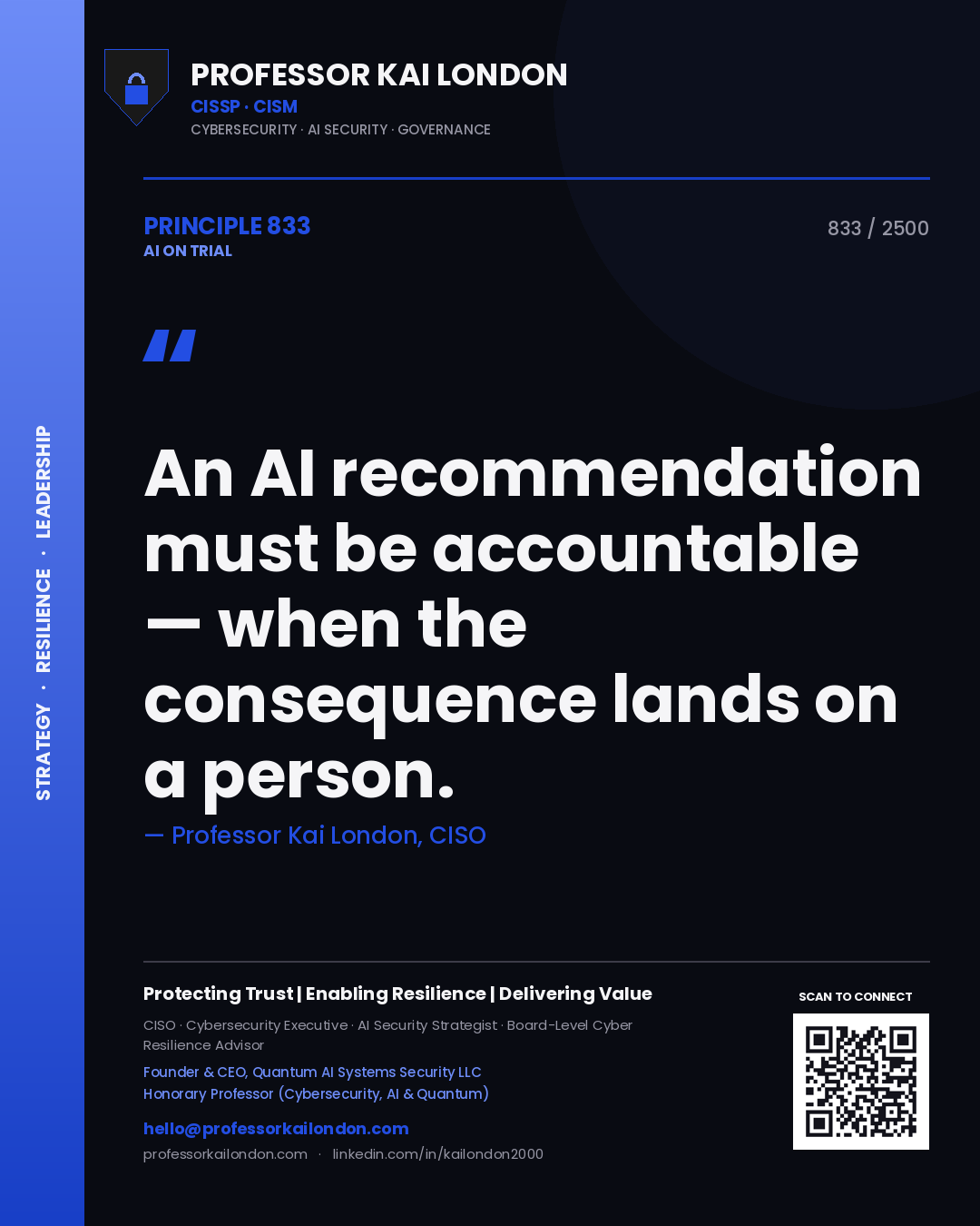 Quote card by Professor Kai London reading 'An AI recommendation must be accountable — when the consequence lands on a person.'. From the book AI on Trial.