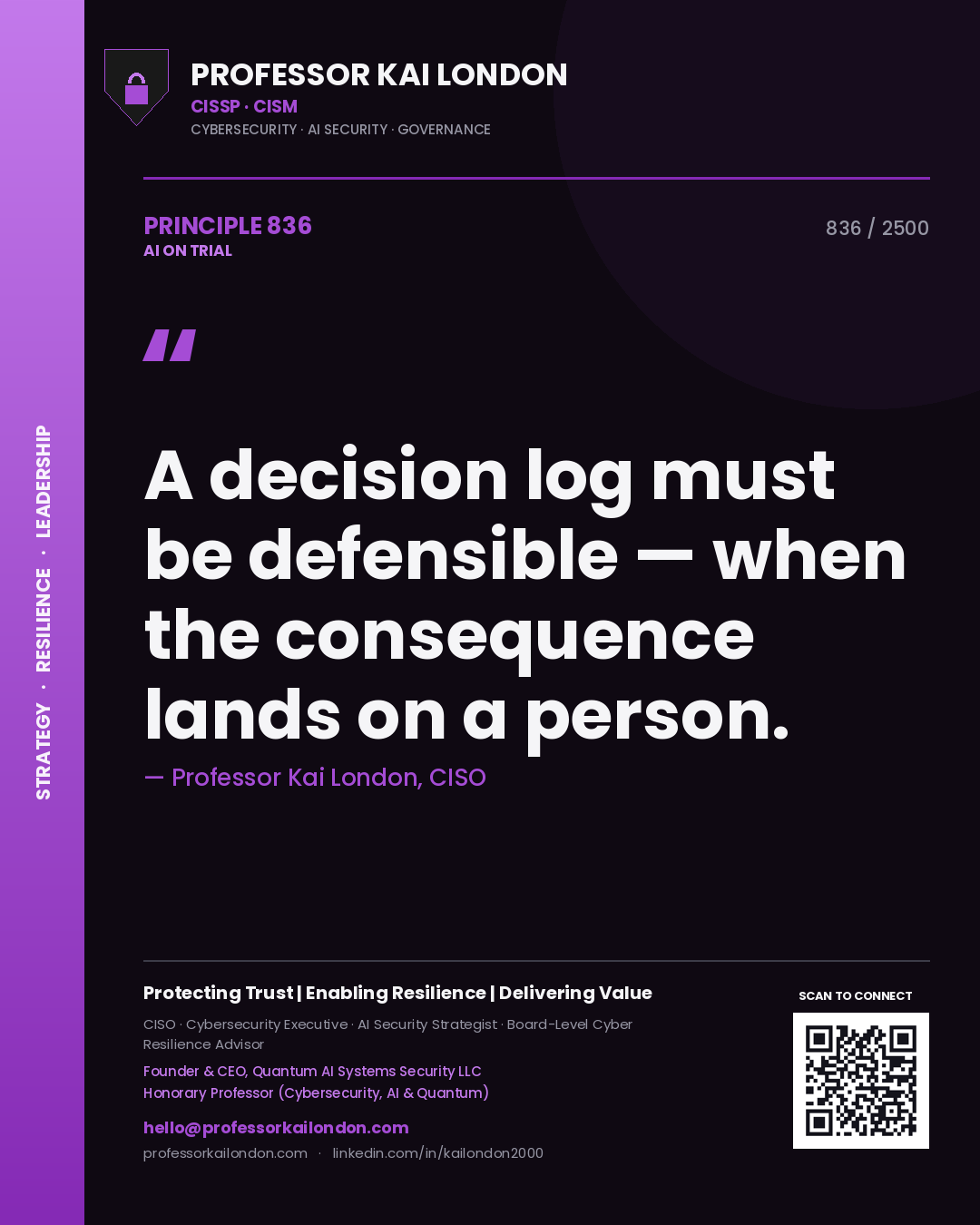 Professor Kai London principle 836: A decision log must be defensible — when the consequence lands on a person.