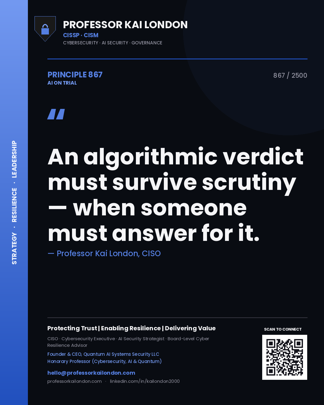 Professor Kai London principle 867: An algorithmic verdict must survive scrutiny — when someone must answer for it.