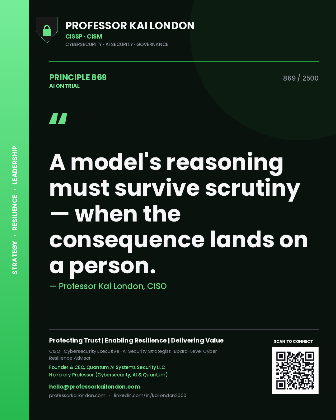 Quote card by Professor Kai London reading 'A model's reasoning must survive scrutiny — when the consequence lands on a person.'. From the book AI on Trial.