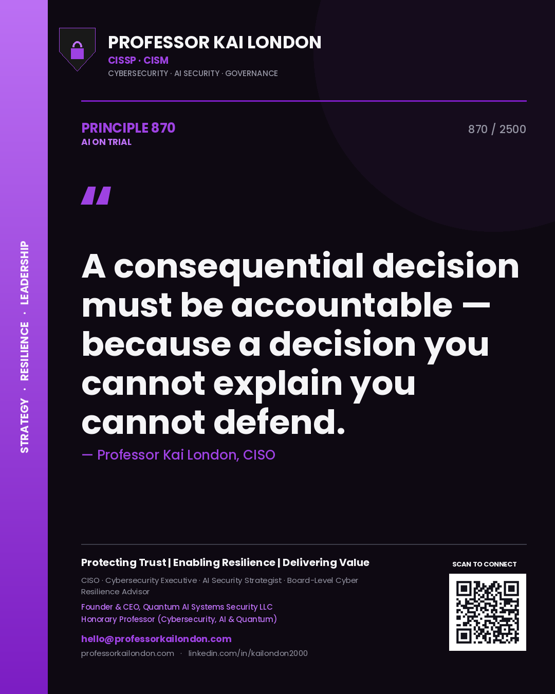 Professor Kai London principle 870: A consequential decision must be accountable — because a decision you cannot explain you cannot defend.
