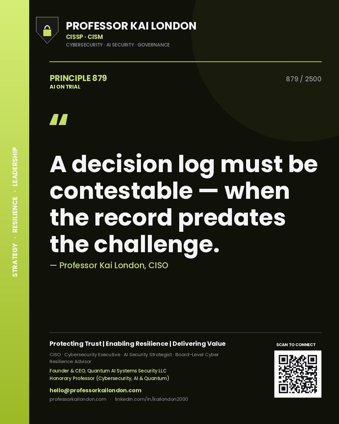 Professor Kai London principle 879: A decision log must be contestable — when the record predates the challenge.