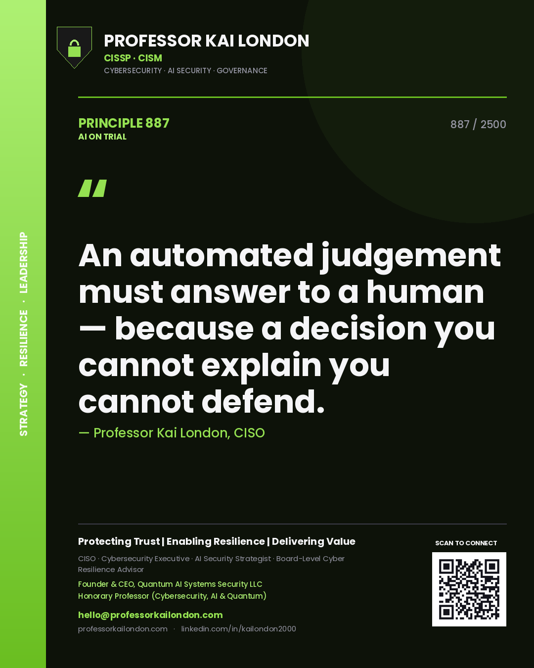 Professor Kai London principle 887: An automated judgement must answer to a human — because a decision you cannot explain you cannot defend.