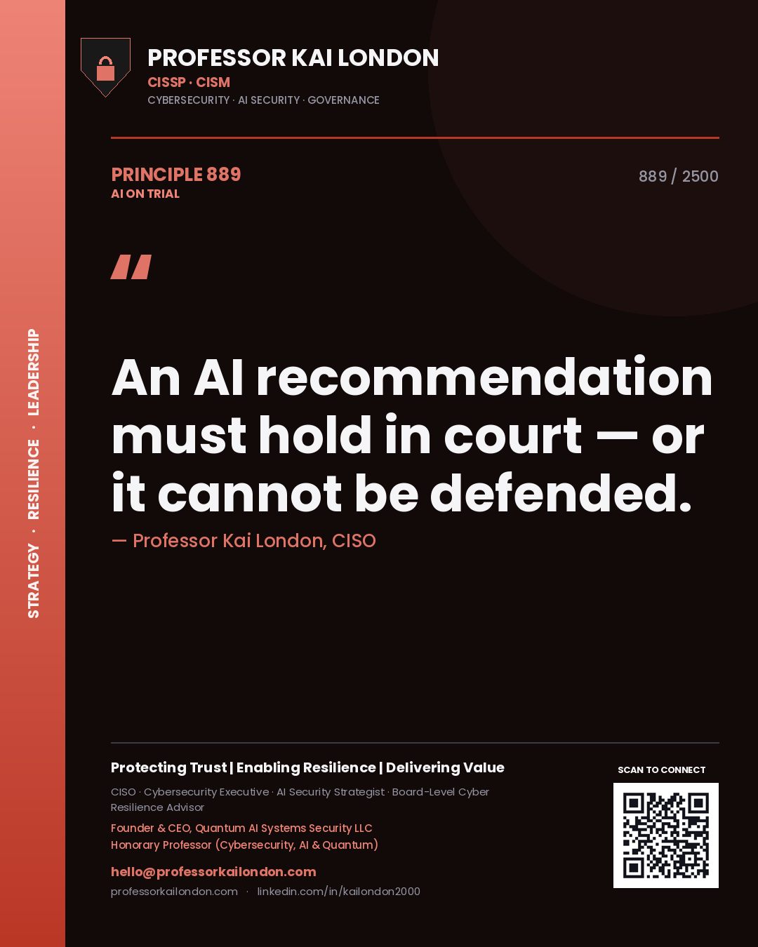Professor Kai London principle 889: An AI recommendation must hold in court — or it cannot be defended.