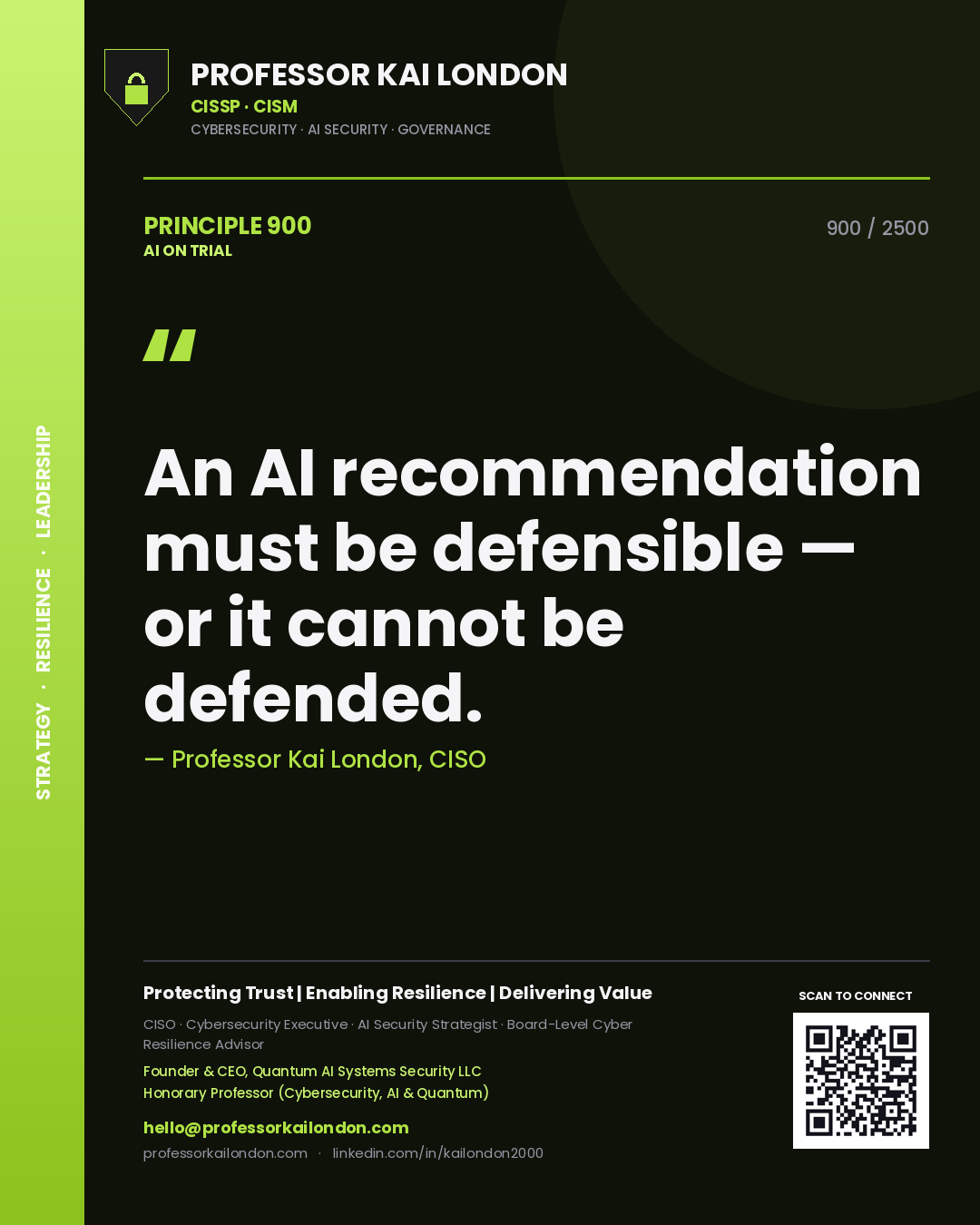 Professor Kai London principle 900: An AI recommendation must be defensible — or it cannot be defended.