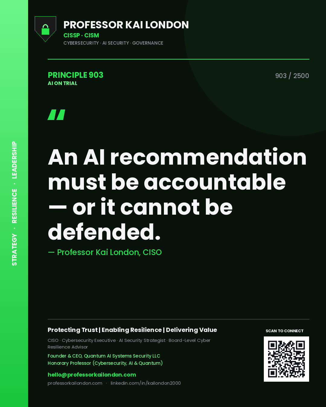 Professor Kai London principle 903: An AI recommendation must be accountable — or it cannot be defended.