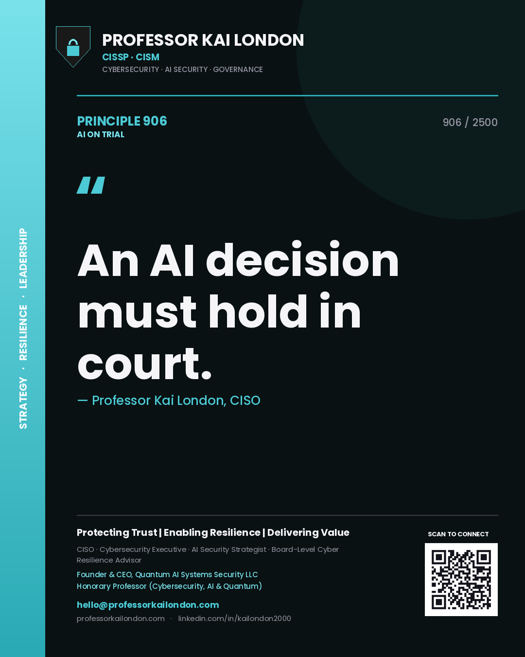 Quote card by Professor Kai London reading 'An AI decision must hold in court.'. From the book AI on Trial.