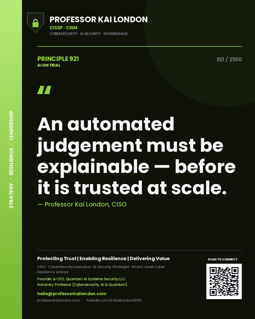 Quote card by Professor Kai London reading 'An automated judgement must be explainable — before it is trusted at scale.'. From the book AI on Trial.