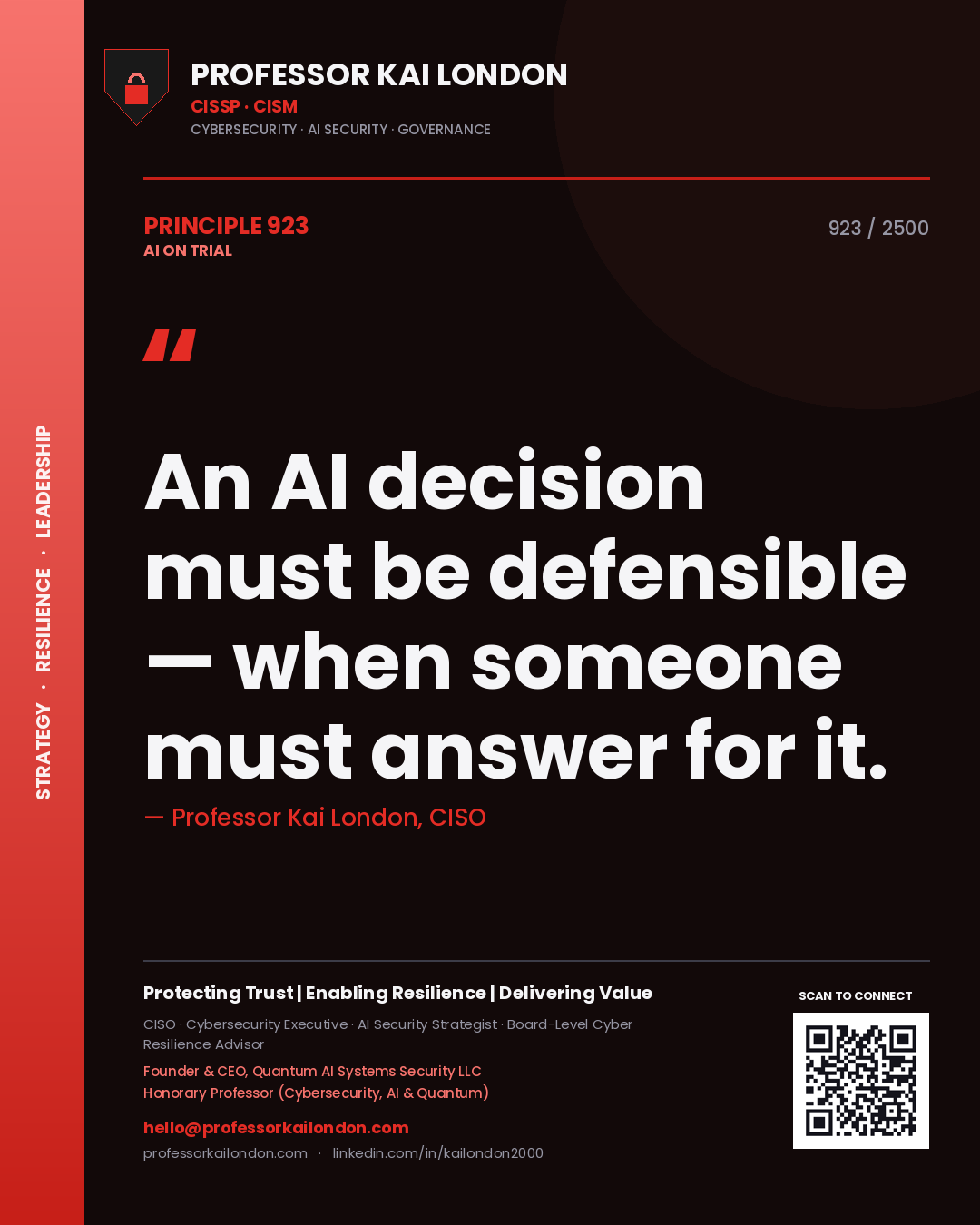 Professor Kai London principle 923: An AI decision must be defensible — when someone must answer for it.