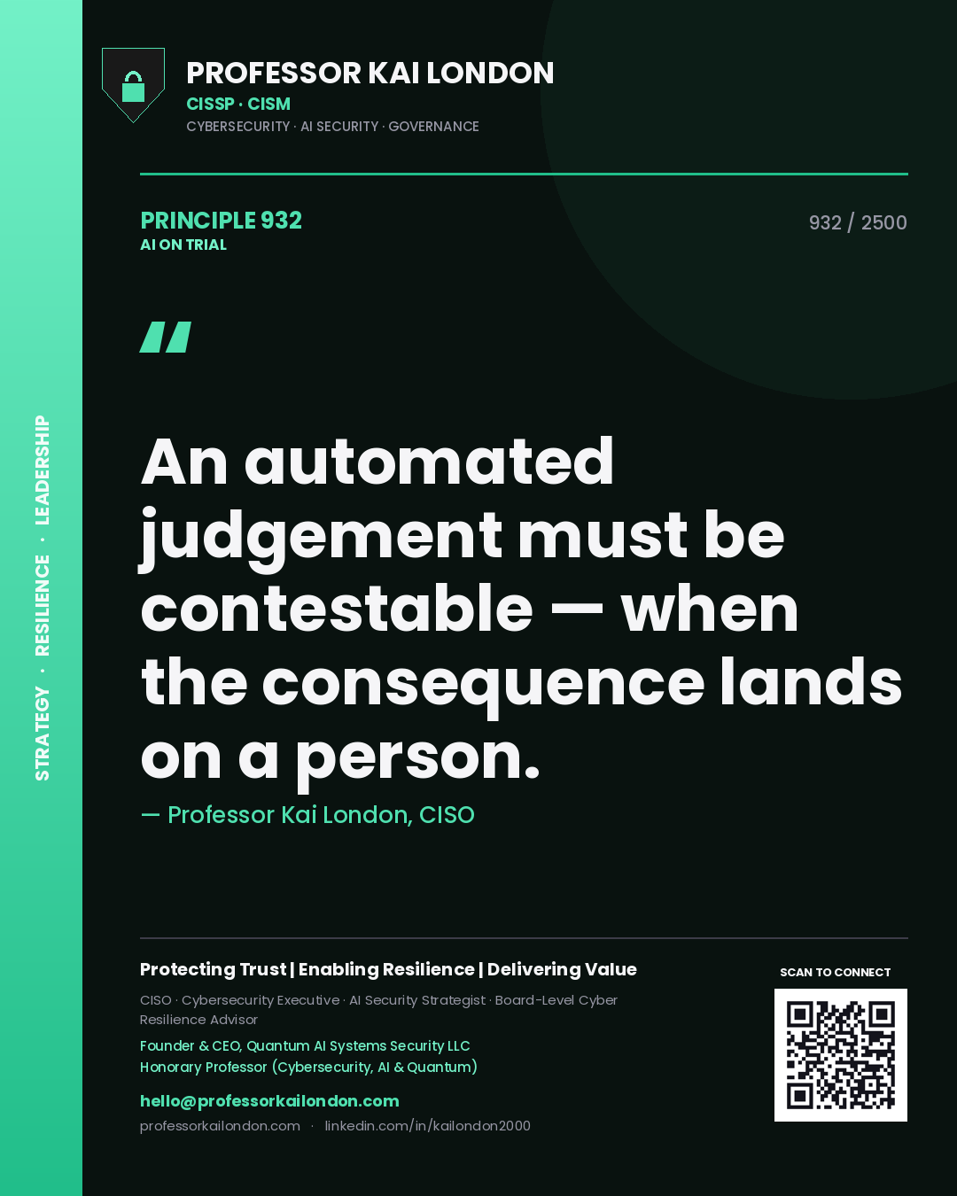 Professor Kai London principle 932: An automated judgement must be contestable — when the consequence lands on a person.