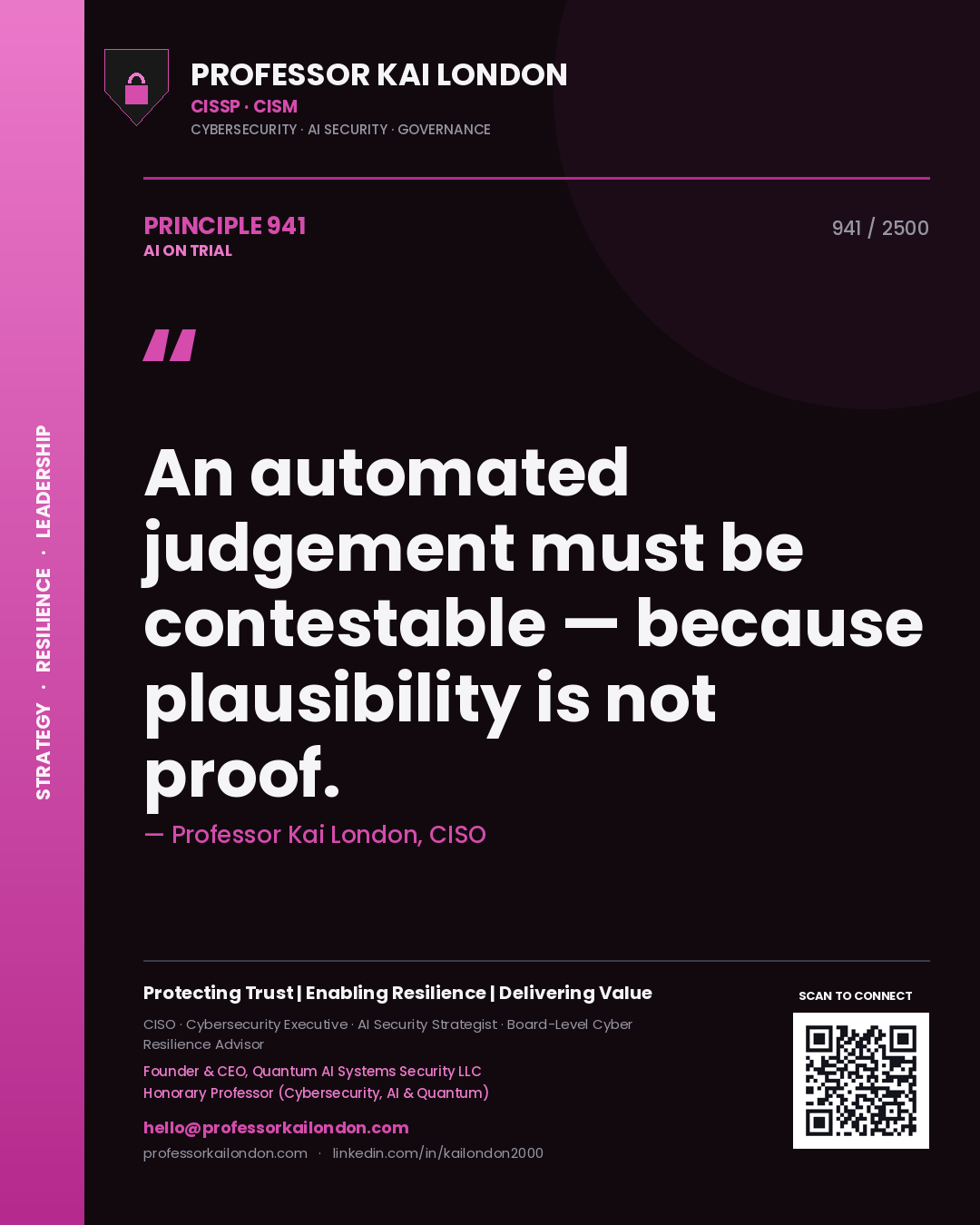 Professor Kai London principle 941: An automated judgement must be contestable — because plausibility is not proof.