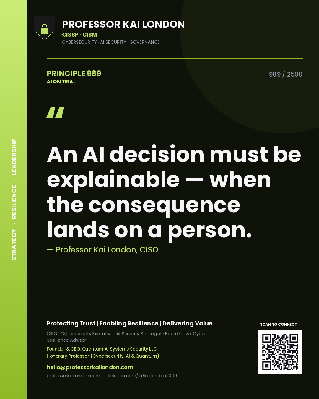 Professor Kai London principle 989: An AI decision must be explainable — when the consequence lands on a person.