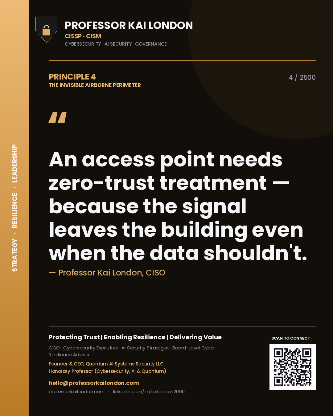 Professor Kai London principle 4: An access point needs zero-trust treatment — because the signal leaves the building even when the data shouldn't.