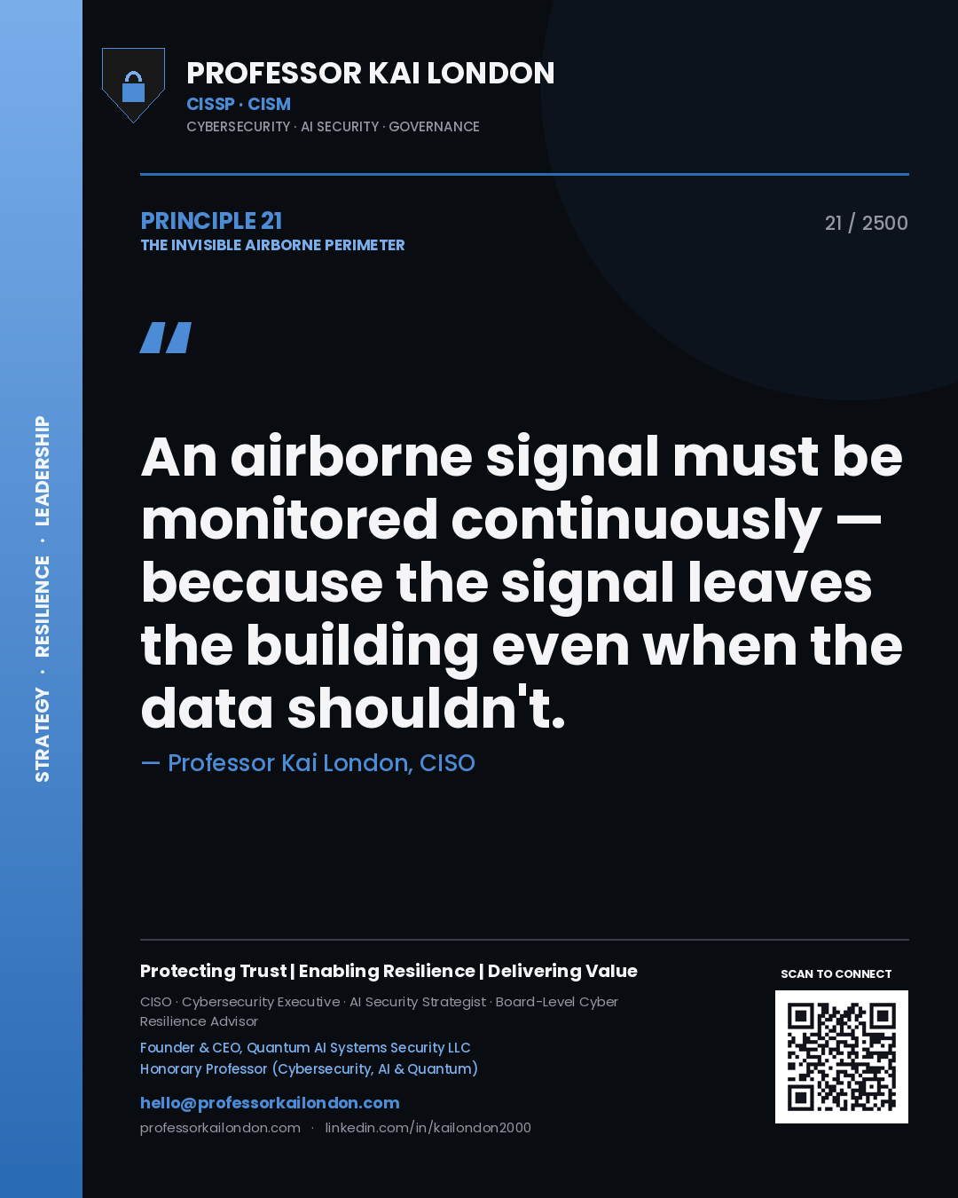 Professor Kai London principle 21: An airborne signal must be monitored continuously — because the signal leaves the building even when the data shouldn't.