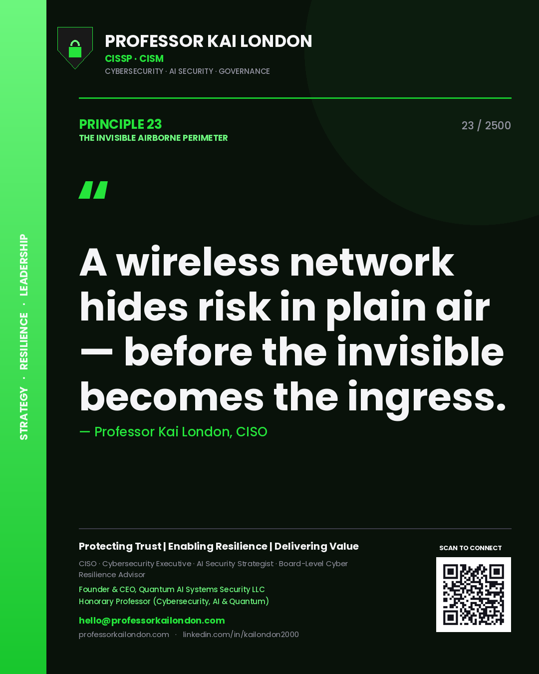 Professor Kai London principle 23: A wireless network hides risk in plain air — before the invisible becomes the ingress.