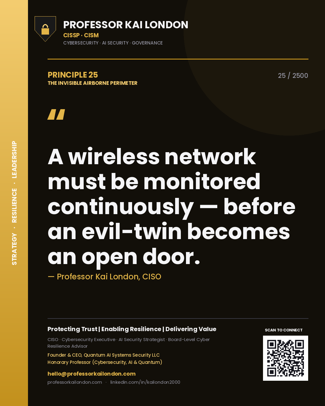 Quote card by Professor Kai London reading 'A wireless network must be monitored continuously — before an evil-twin becomes an open door.'. From the book The Invisible Airborne Perimeter.