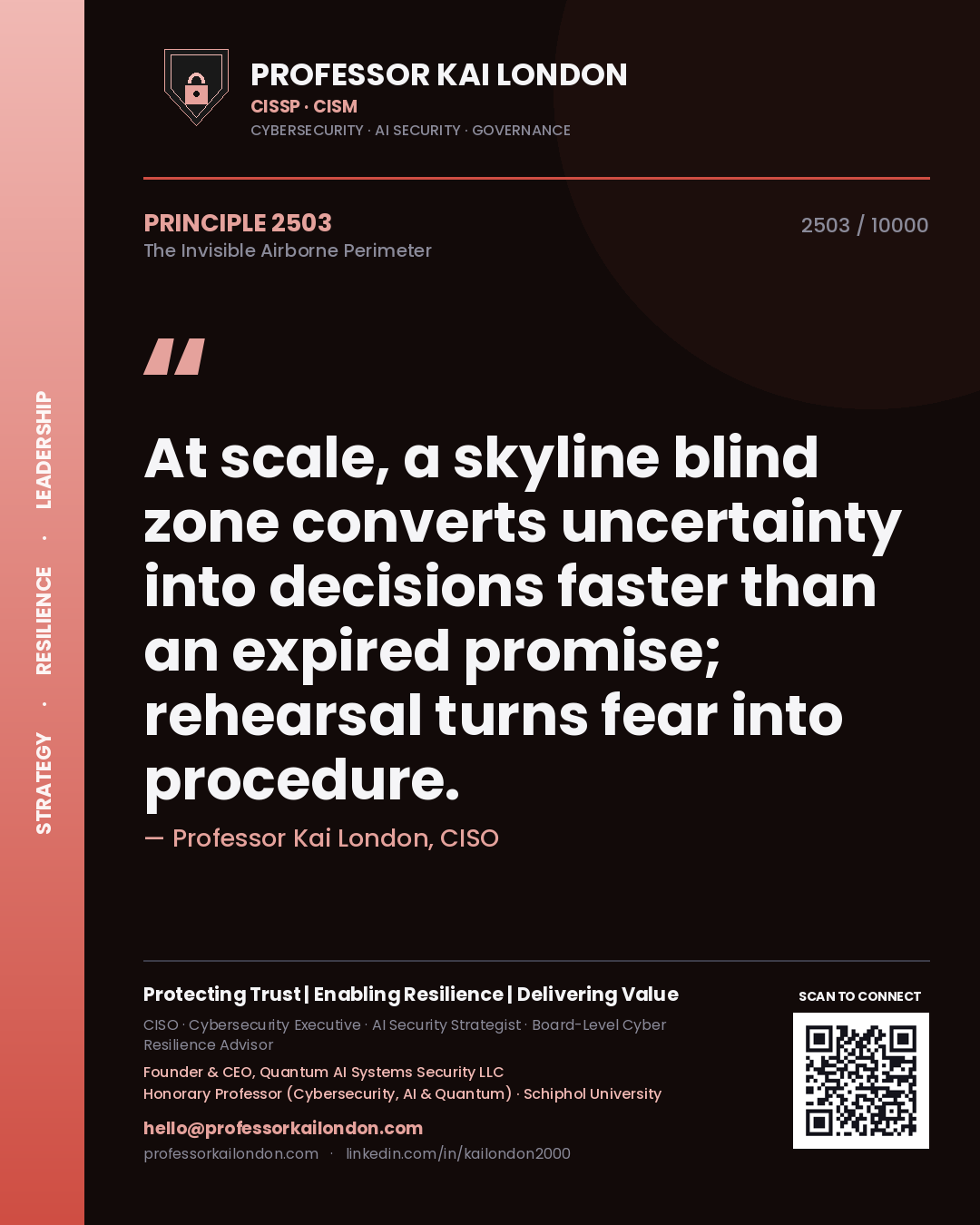 Professor Kai London principle 2503: At scale, a skyline blind zone converts uncertainty into decisions faster than an expired promise; rehearsal turns fear into procedure.