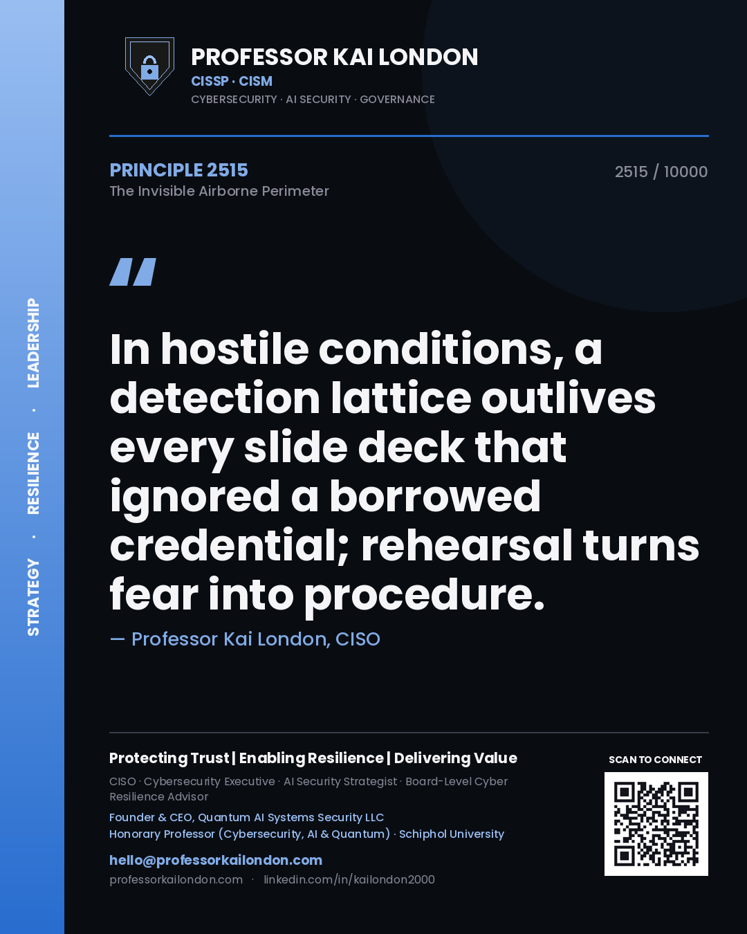Quote card by Professor Kai London reading 'In hostile conditions, a detection lattice outlives every slide deck that ignored a borrowed credential; rehearsal turns fear into procedure.'. From the book The Invisible Airborne Perimeter.