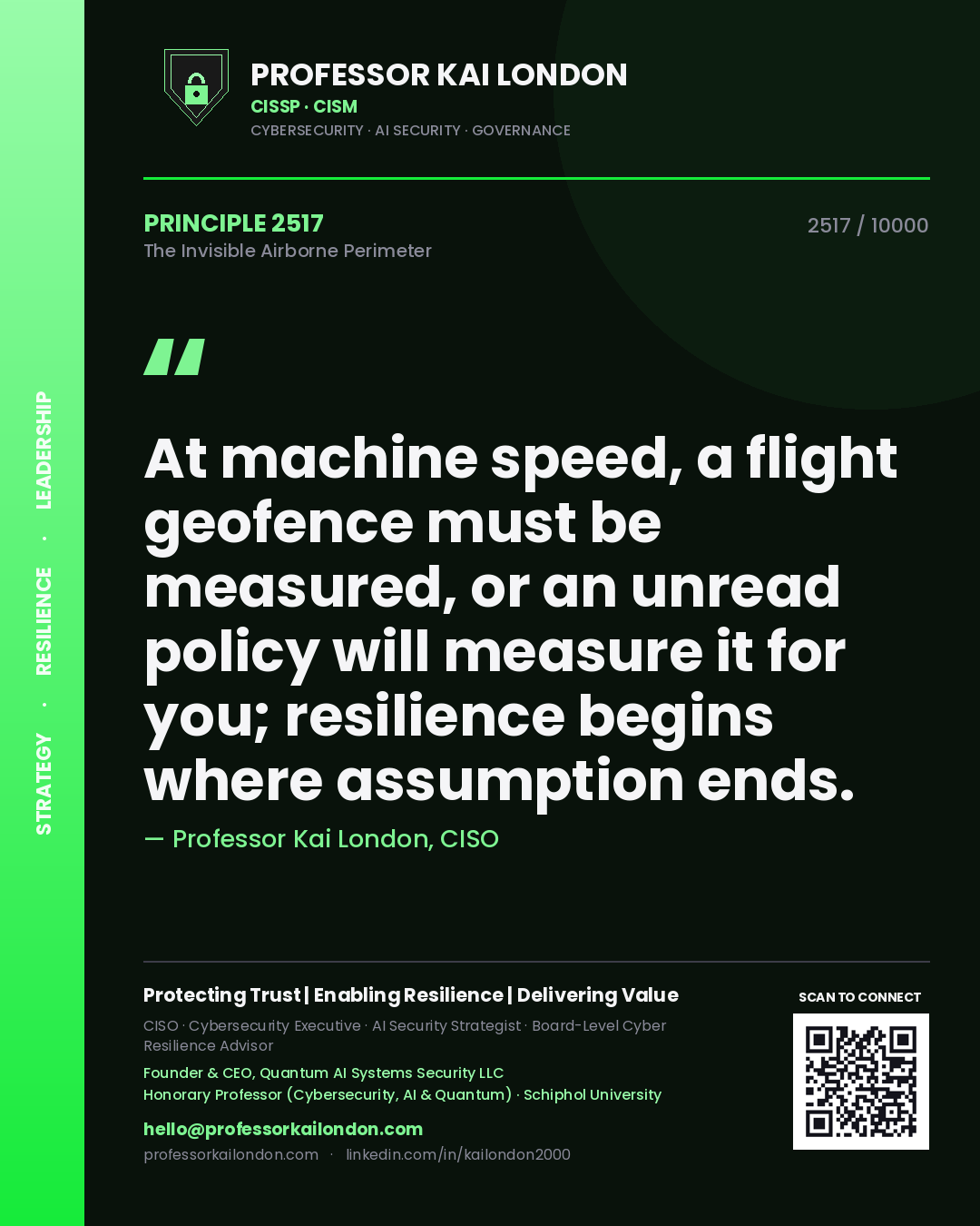 Quote card by Professor Kai London reading 'At machine speed, a flight geofence must be measured, or an unread policy will measure it for you; resilience begins where assumption ends.'. From the book The Invisible Airborne Perimeter.